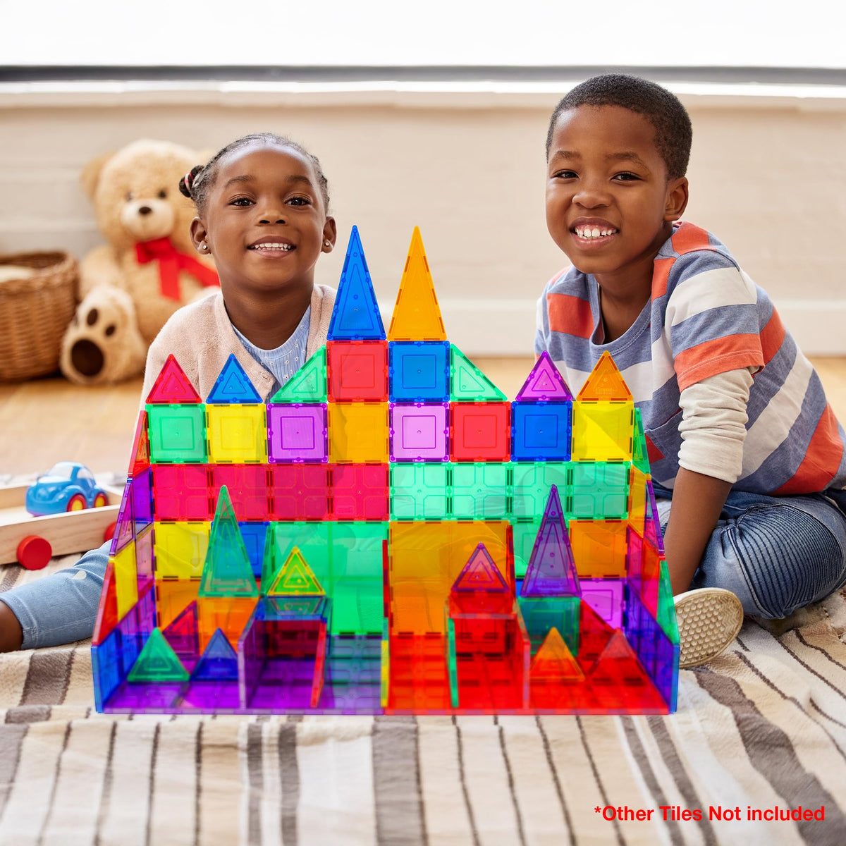 PicassoTiles Foundation Assembly-Stable Structure shows four-piece setup enabling balanced, taller constructions.