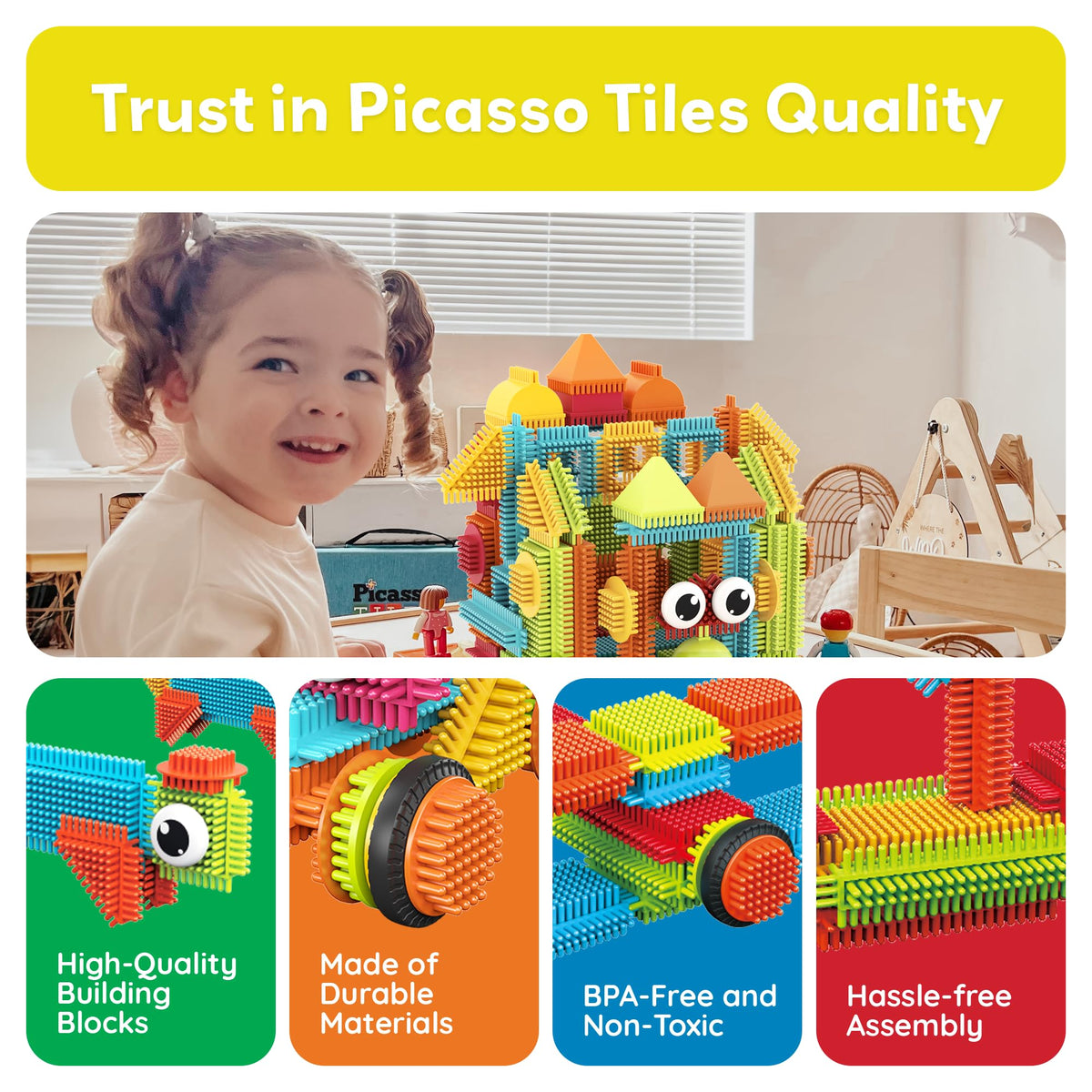PicassoTiles Hedgehog blocks connectivity for frustration-free play and teamwork.