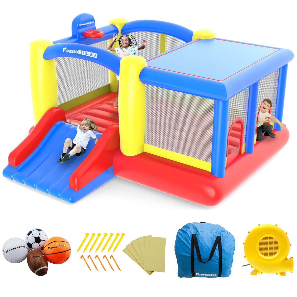 PicassoTiles KC102 inflatable bouncer setup enables quick family play