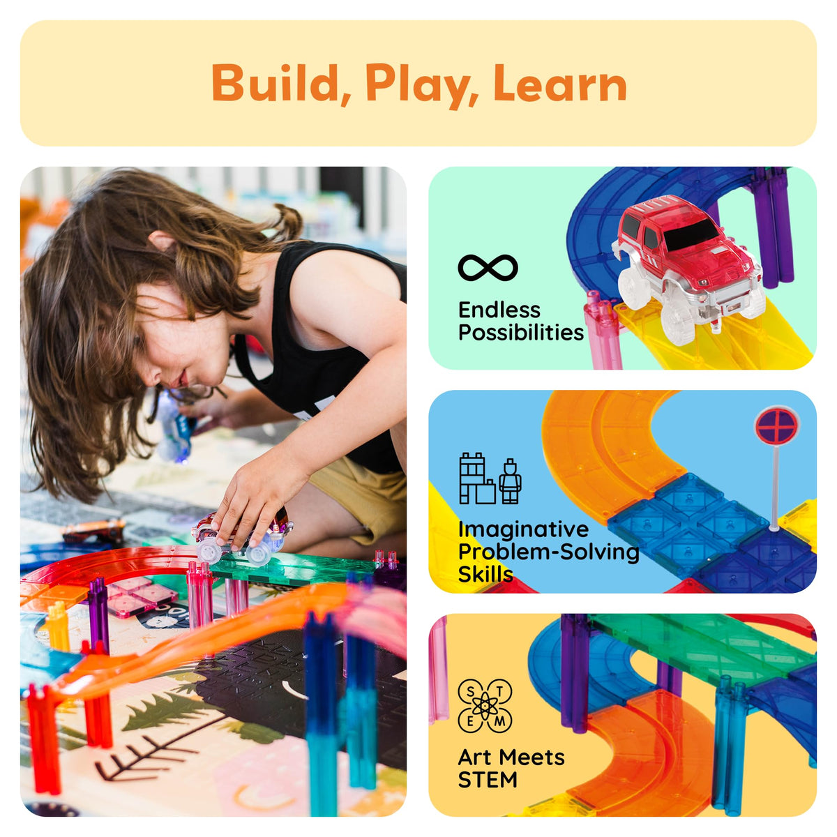 PicassoTiles LED cars lit up in action to spark imaginative racing adventures.