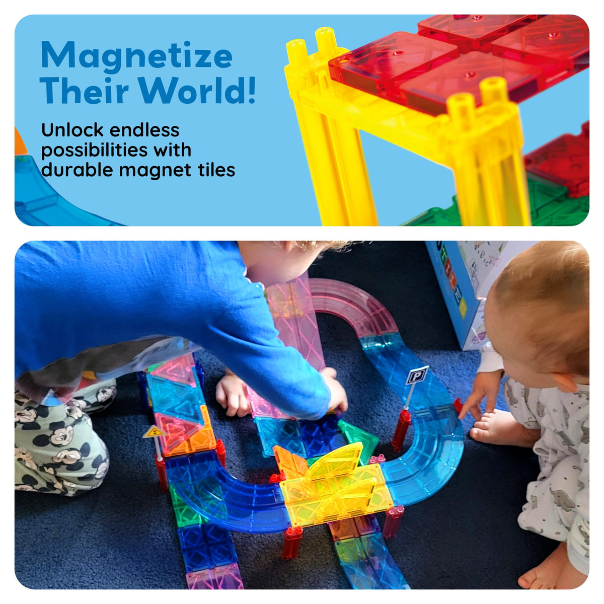 PicassoTiles Magnetic tiles displaying colors and polarity for hands-on learning