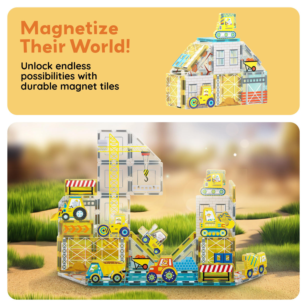 PicassoTiles magnet tiles dump truck supports sequencing and planning in open-ended play.