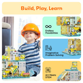 PicassoTiles magnet tiles road roller encourages planning concrete pathways and team play.