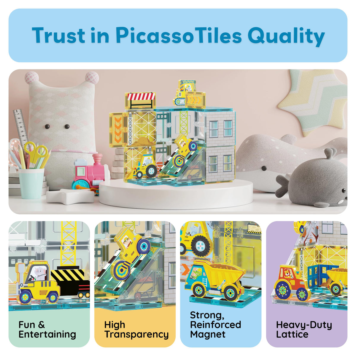 PicassoTiles magnet tiles tractor promotes hands-on exploration of movement and magnetic connections.