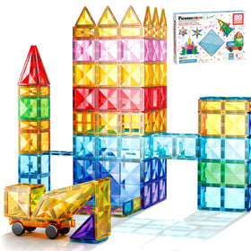 PicassoTiles magnetic building tiles with car set fuel imaginative play and spatial reasoning.