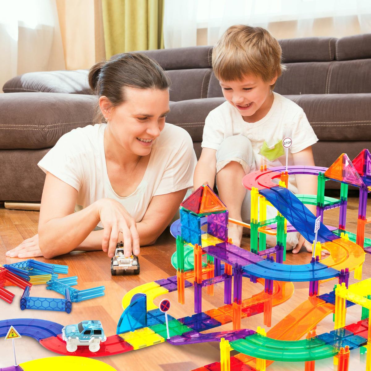 PicassoTiles magnetic support columns provide stability for multi-level builds during play.