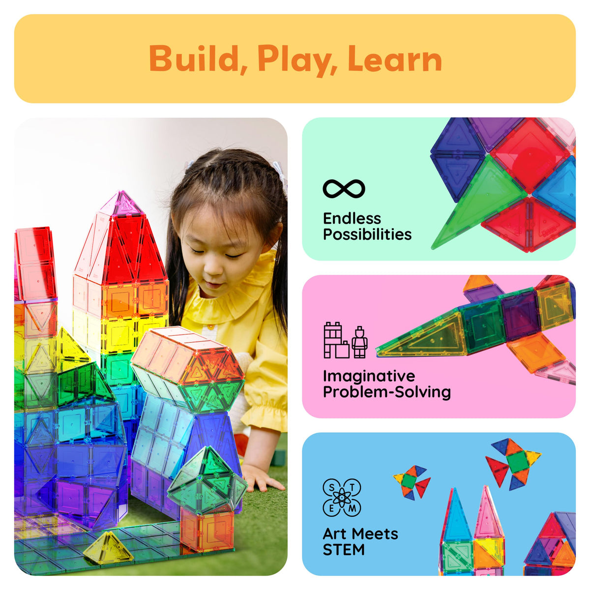 PicassoTiles magnetic tiles close-up colors highlighting bright shapes for imaginative building
