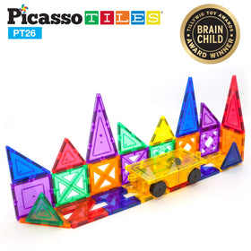 Close-up of PicassoTiles magnetic tiles highlighting color and magnet strength.