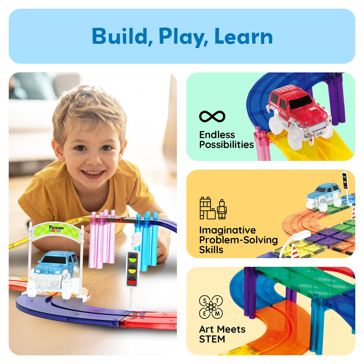 PicassoTiles magnetic tiles enable expandable tracks for evolving challenges