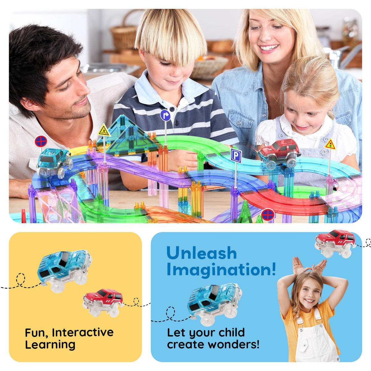 PicassoTiles magnetic tiles provide sturdy connectors for versatile track building.