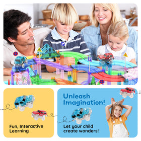 PicassoTiles magnetic tiles provide sturdy connectors for versatile track building.