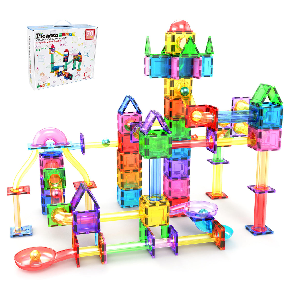 PicassoTiles marble run tiles ready for quick setup and creative play.