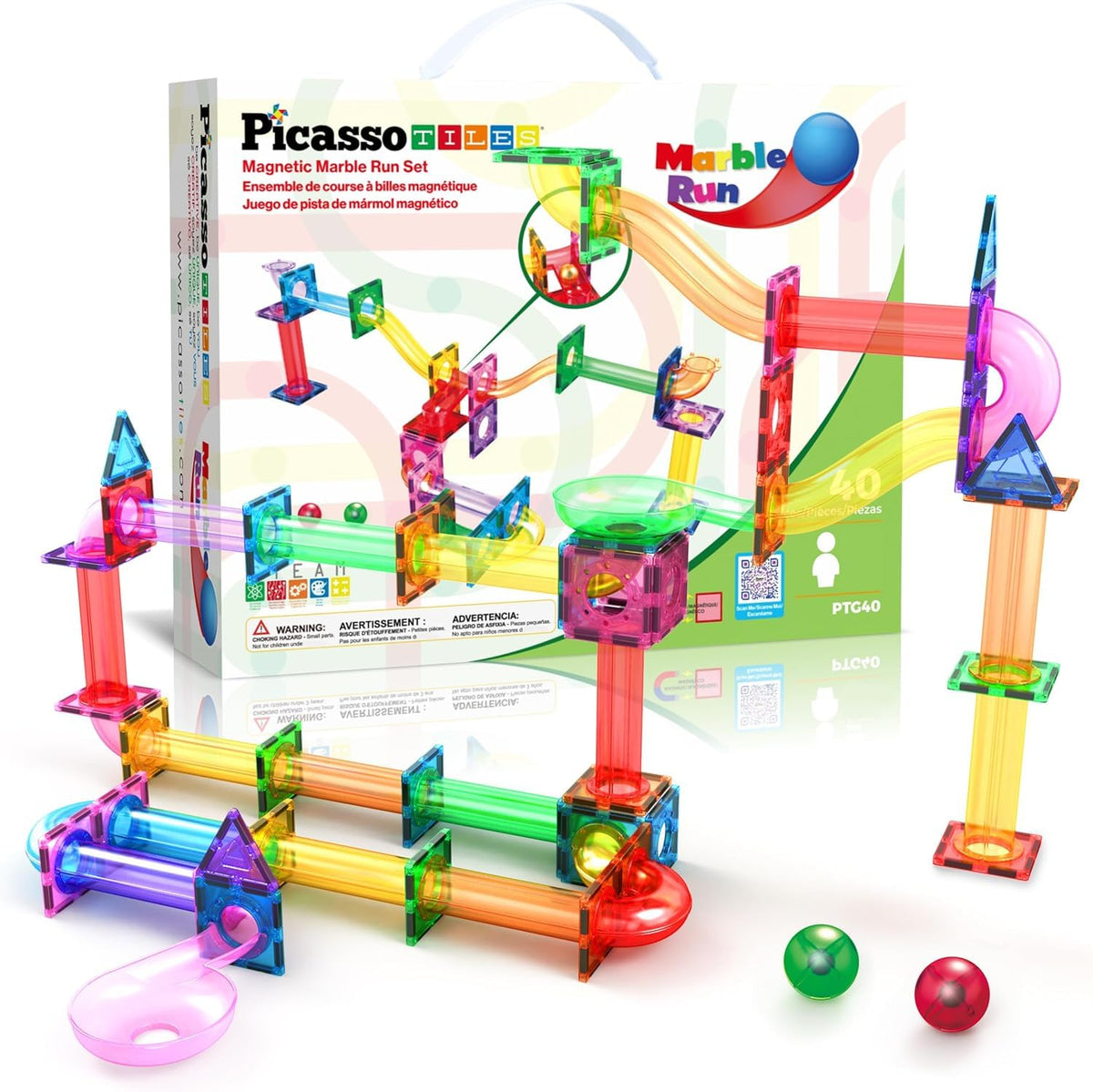 PicassoTiles marble run tower with rainbow tiles for creative building play.