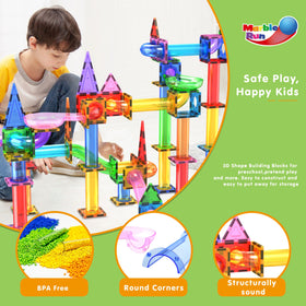 PicassoTiles multi-level 3D track design showcasing open-ended creativity and logic.