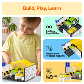 PicassoTiles parking sign helps organize garages and scenes during play.