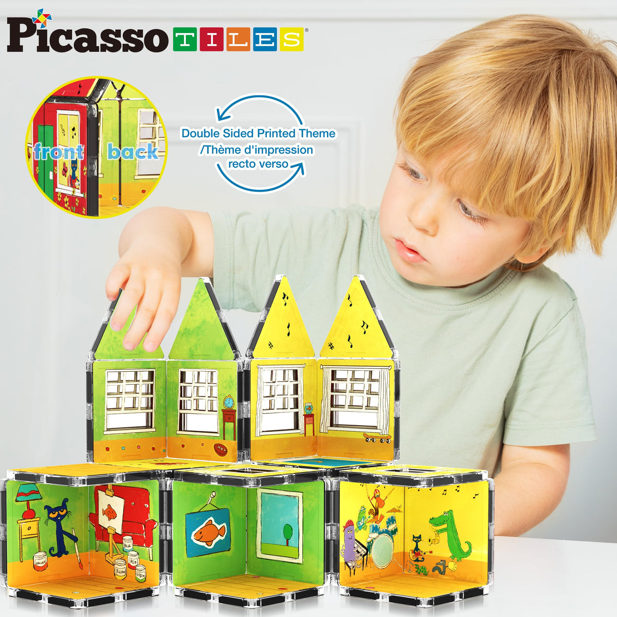 PicassoTiles magnetic tiles with double-sided printing encourage open-ended building and imaginative play.