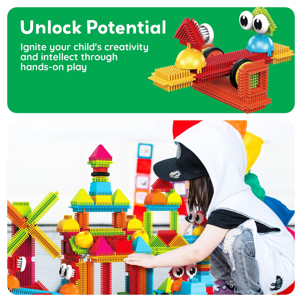 PicassoTiles Hedgehog blocks educational toy promoting early geometry and spatial skills.