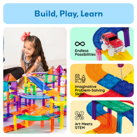 PicassoTiles race cars set provides four cars for active, cooperative play.