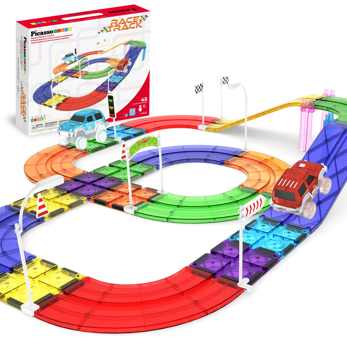 PicassoTiles race-track assembly showing quick magnetic setup for kids