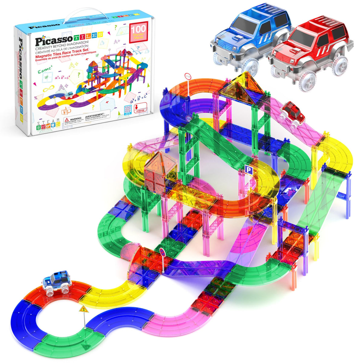 PicassoTiles race track set front view highlighting colorful interlocking tiles for creative play.