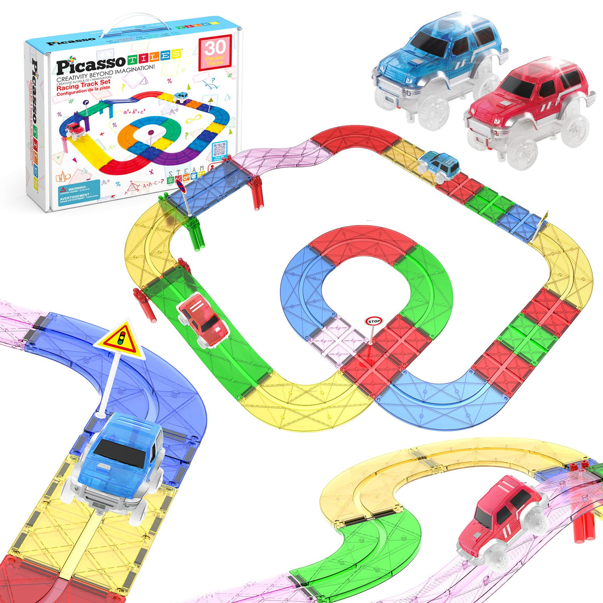 PicassoTiles Race Track start area showing magnets and quick-connect edges for easy builds