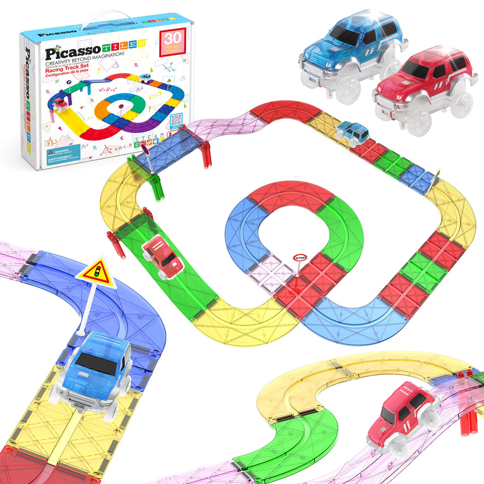 PicassoTiles Race Track start area showing magnets and quick-connect edges for easy builds