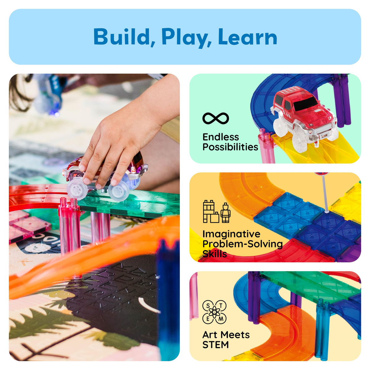 PicassoTiles Race Track trucks close-up with vibrant tiles and gear-like magnet connections