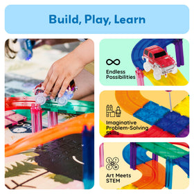 PicassoTiles Race Track trucks close-up with vibrant tiles and gear-like magnet connections