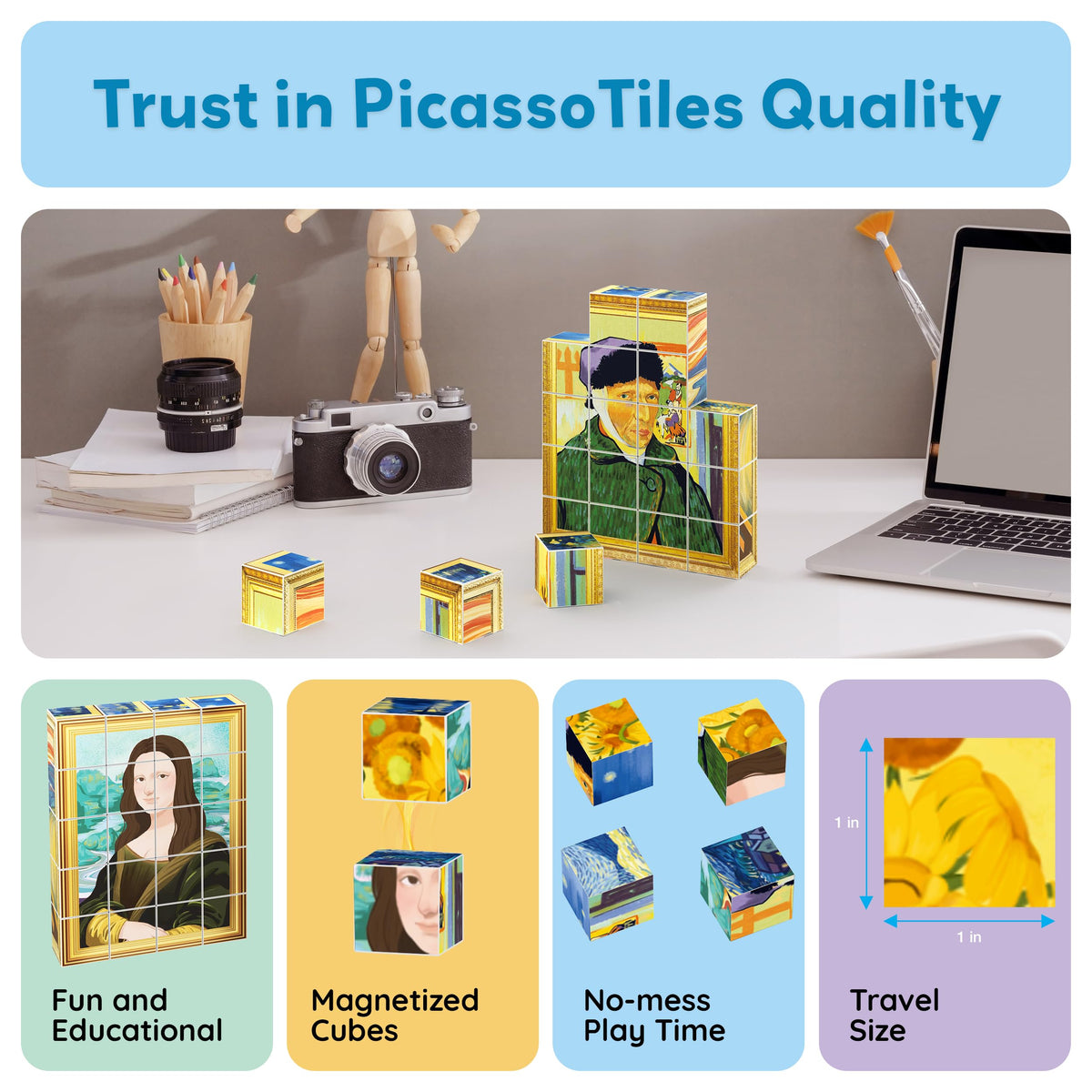 PicassoTiles scratch-resistant prints on colorful cubes