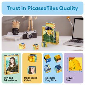 PicassoTiles scratch-resistant prints on colorful cubes