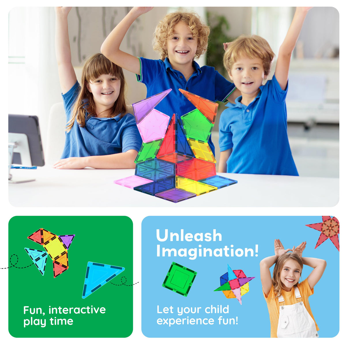 PicassoTiles stackable tower tiles encourage planning and fine motor skills.