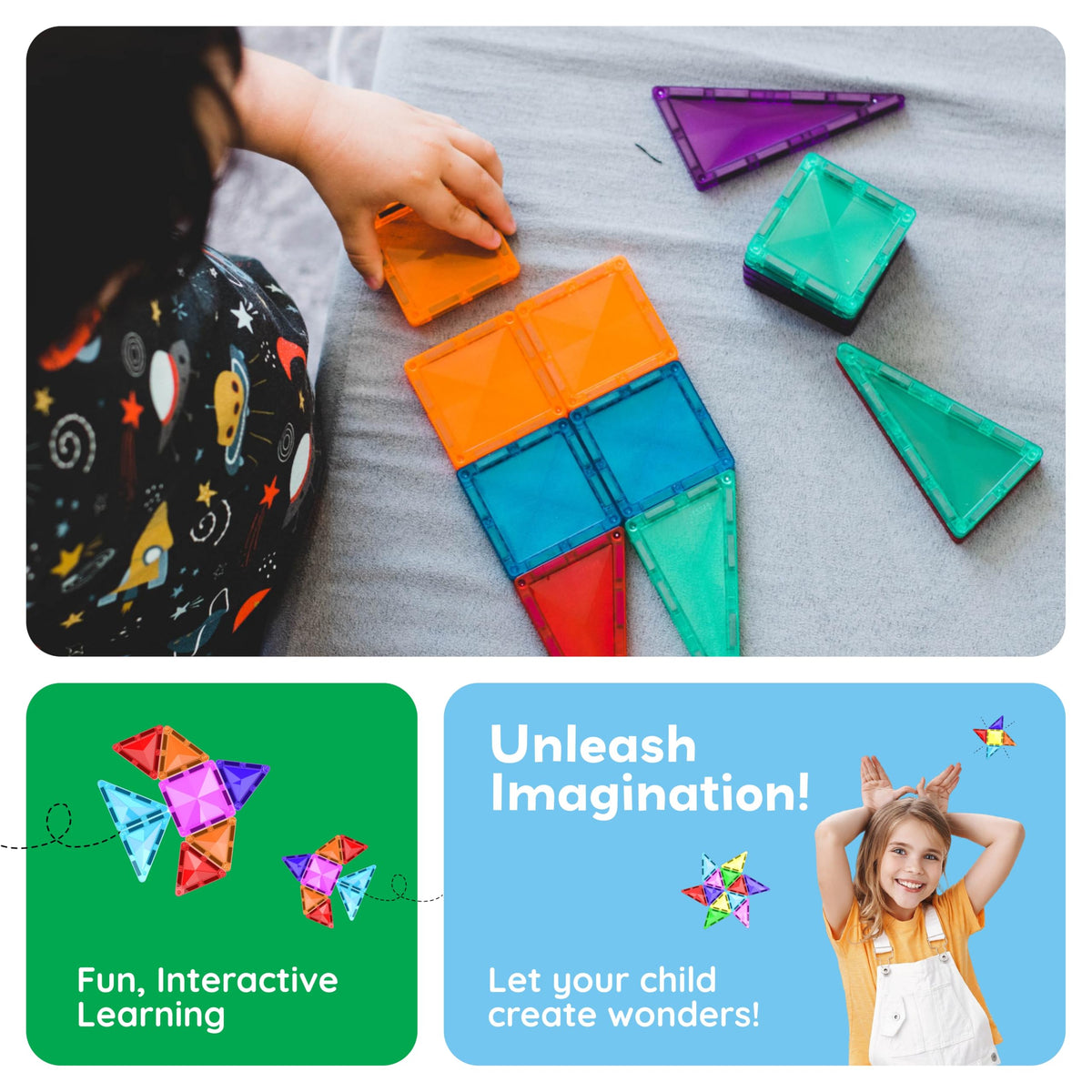 PicassoTiles STEM learning kit highlights color, shapes, and magnets during play.