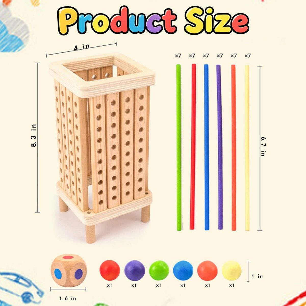 Pichoi wooden sticks on the tower promote precise hand-eye coordination during play.