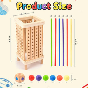 Pichoi wooden sticks on the tower promote precise hand-eye coordination during play.