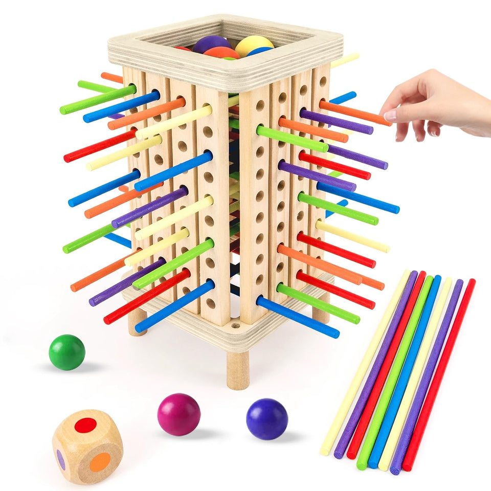 Pichoi Montessori wooden board game tower setup boosts spatial awareness and fine motor skills.