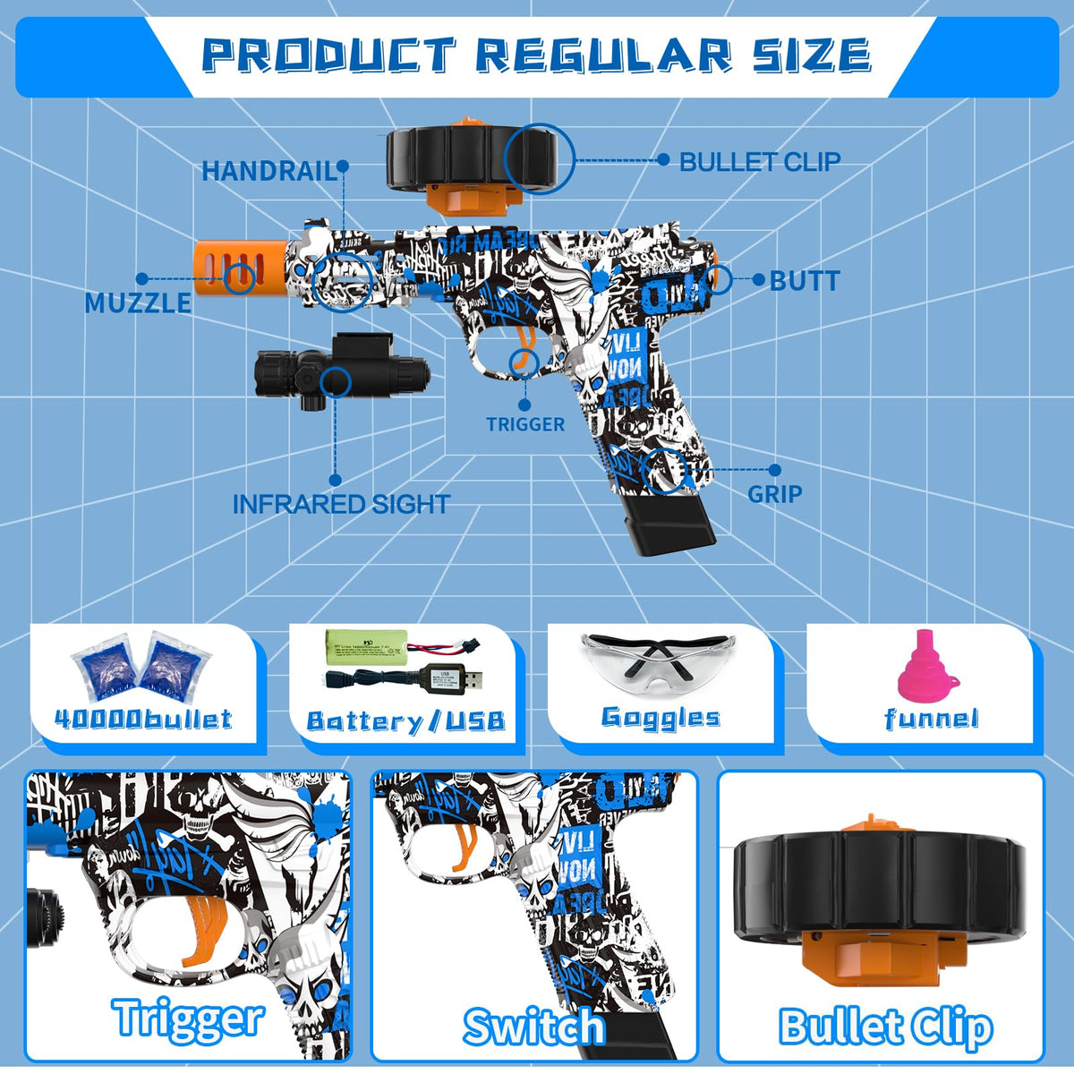 PICKMERA Electric Gel Ball Blaster rear view showing complete kit.