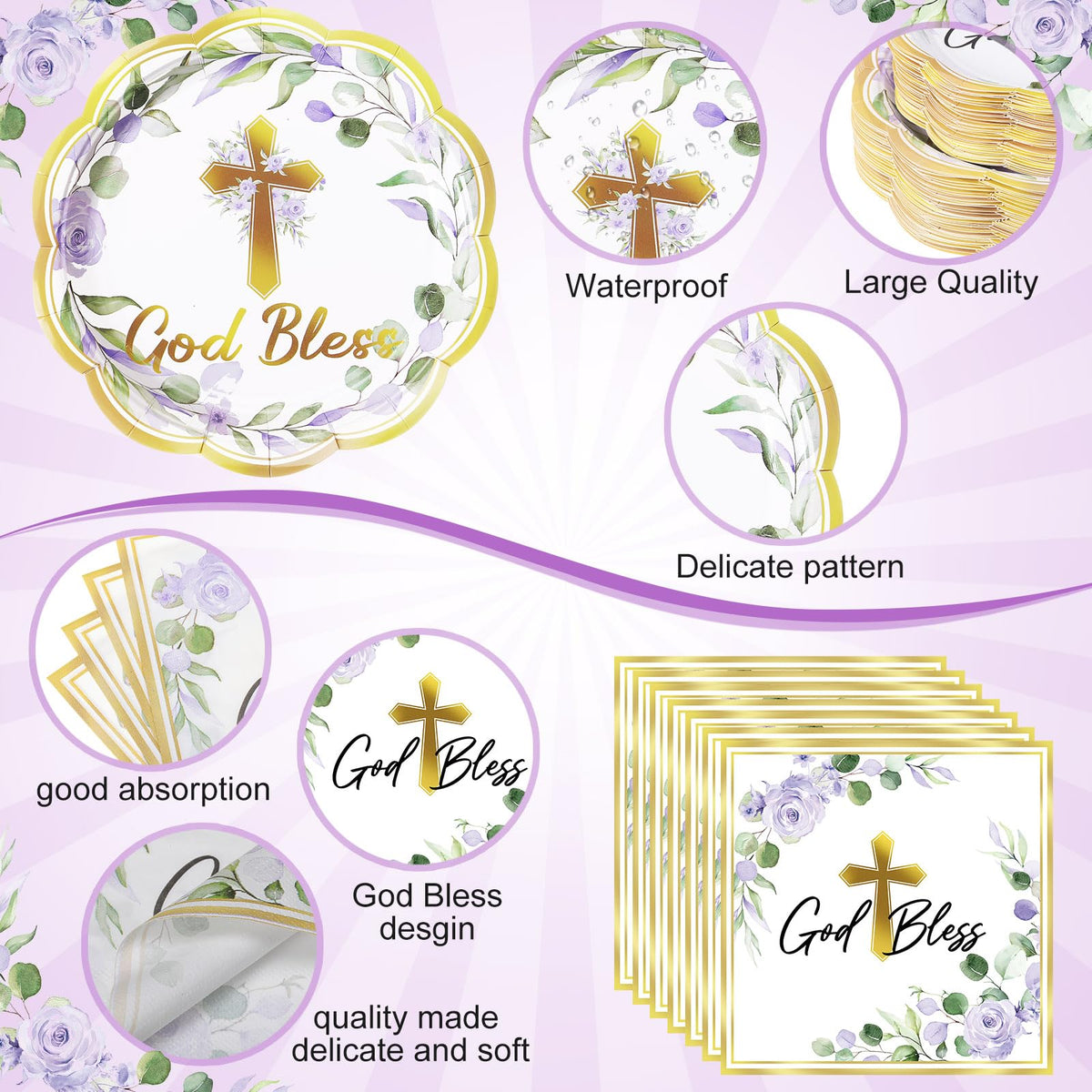 Pickmesh God Bless Baptism cups feature elegant purple floral accents for drinks.