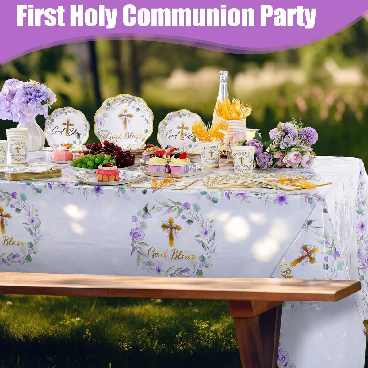 Pickmesh God Bless Baptism tablecloths protect surfaces from spills.