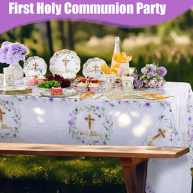 Pickmesh God Bless Baptism tablecloths protect surfaces from spills.