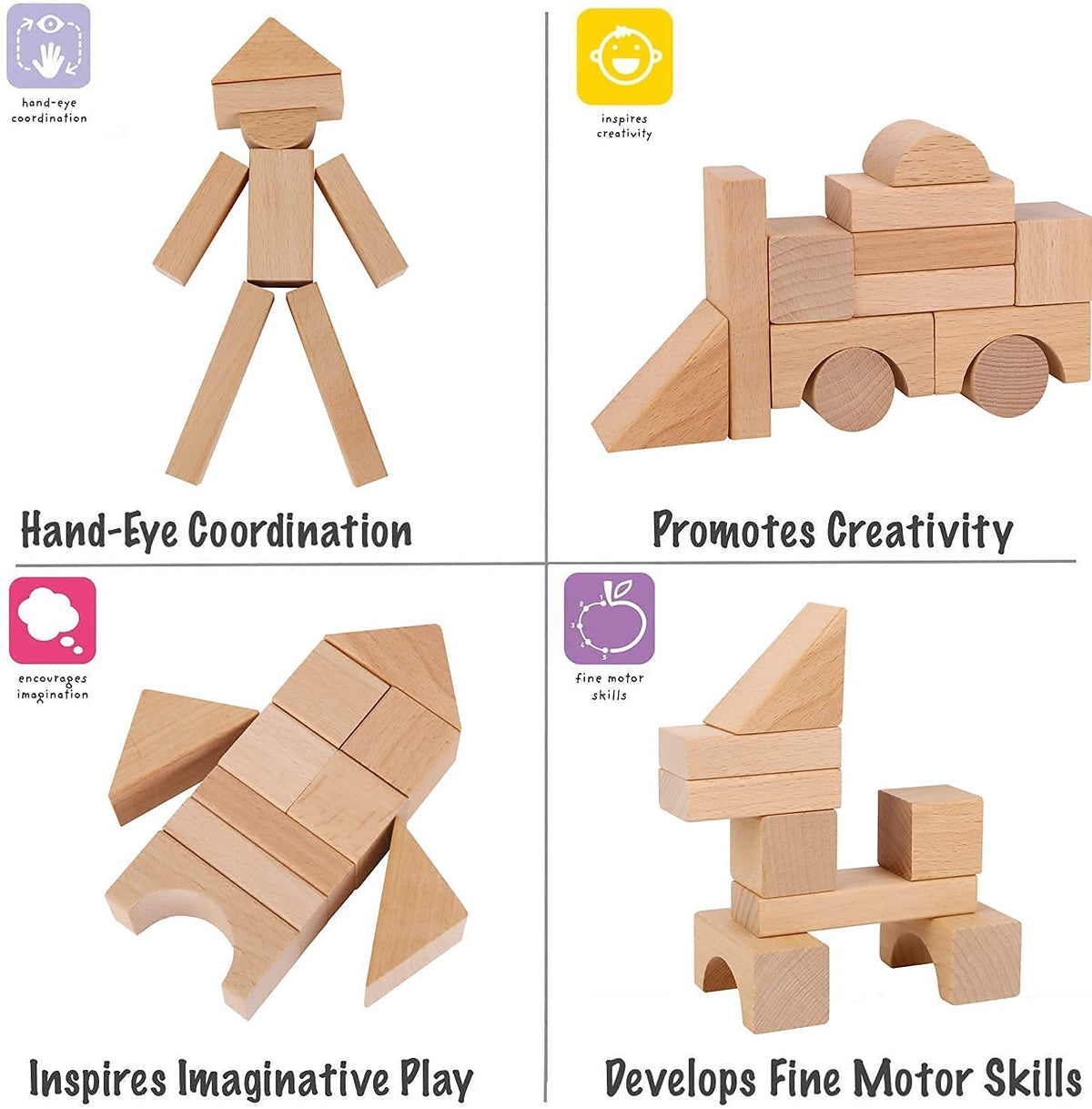 Pidoko Kids beech wood blocks with durable smooth edges for safe toddler building