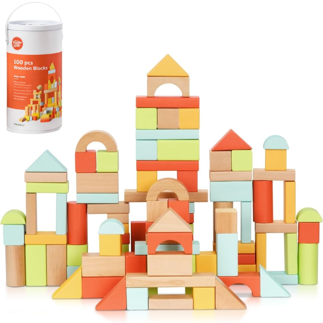 Pidoko Kids wooden blocks in storage bucket promote easy cleanup and imaginative play.