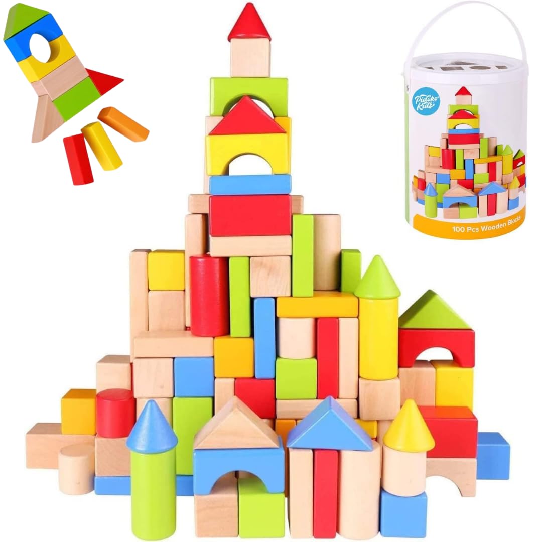 Pidoko Kids wooden 100-piece blocks for creative play.