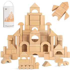 Pidoko Kids natural beech wood blocks stacked into a tower for creative play.