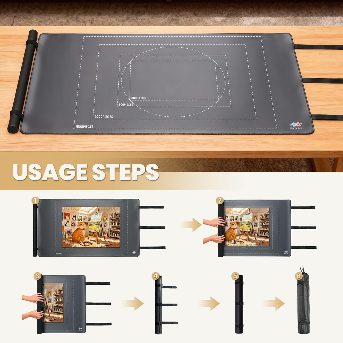 Piece Lab Mat Rollup storage bag protects puzzle during storage.