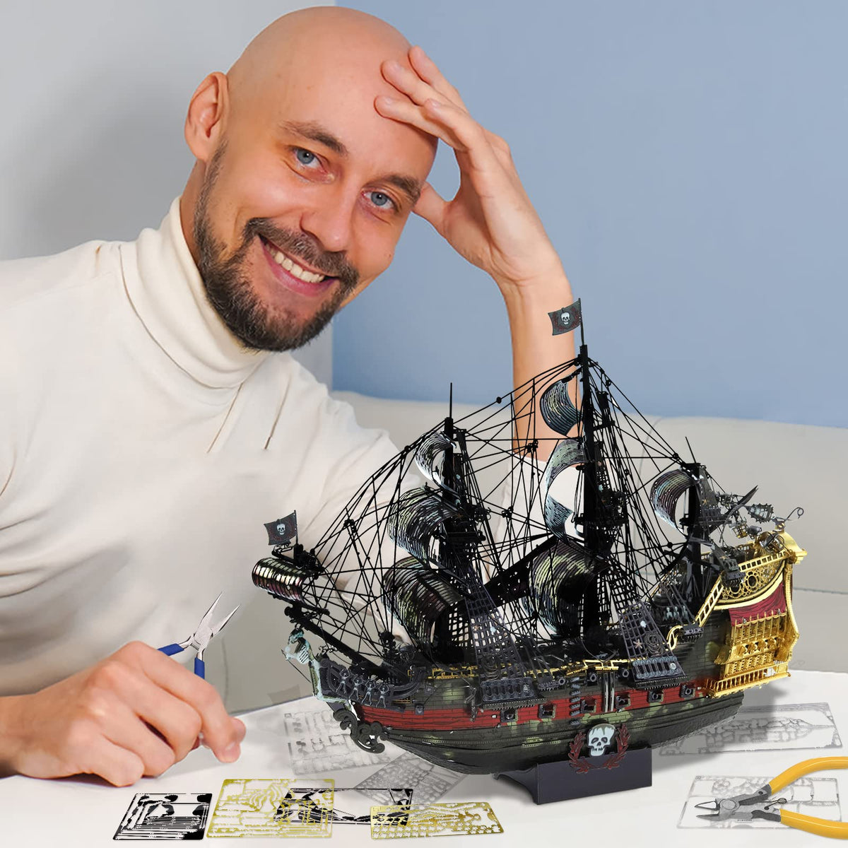 Piececool Queen Anne's Revenge hull detail highlighting intricate metal craftsmanship.