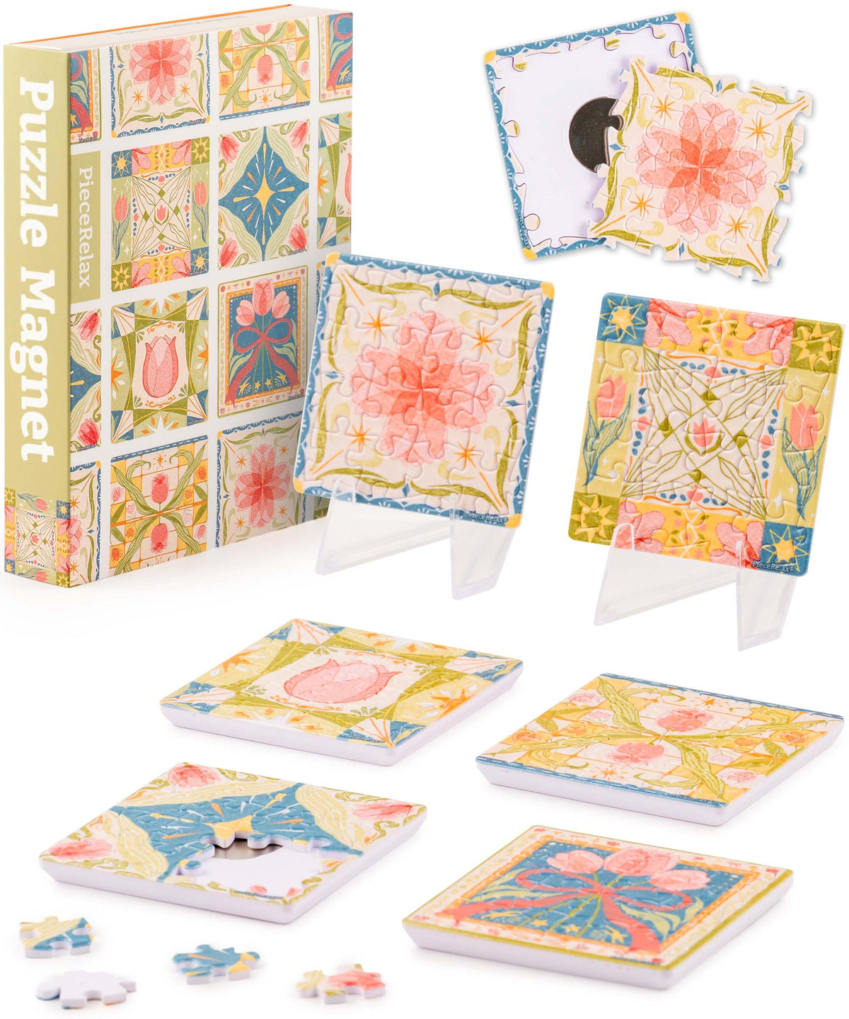 PieceRelax magnet puzzle Tulip Tile assembled on fridge for playful decor.