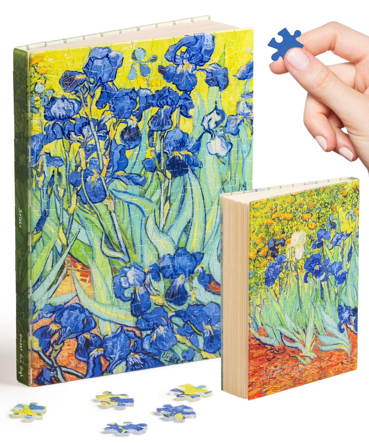 PieceRelax Van Gogh Irises puzzle book cover showcasing 329 puzzle pieces for sturdy protection