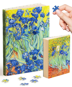 PieceRelax Van Gogh Irises puzzle book cover showcasing 329 puzzle pieces for sturdy protection