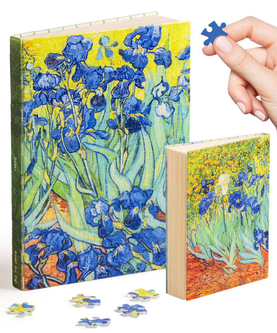 PieceRelax Van Gogh Irises puzzle book cover showcasing 329 puzzle pieces for sturdy protection