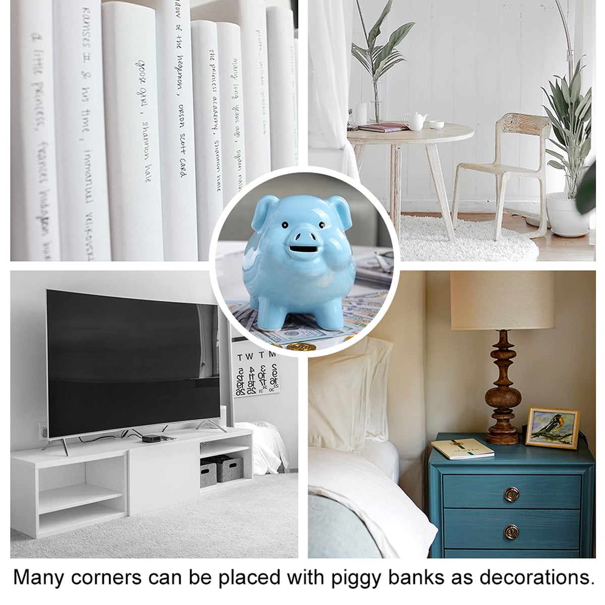 PIG WORLD blue ceramic piggy bank doubles as warm home decor for living spaces.
